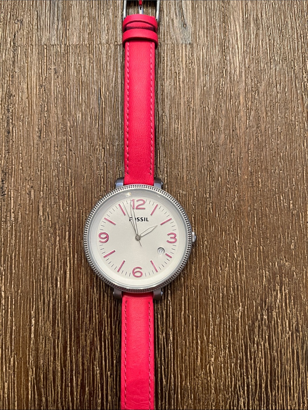 Fossil Women’s Watch Leather Strap Pink Round Face Adjustable Silver Like New